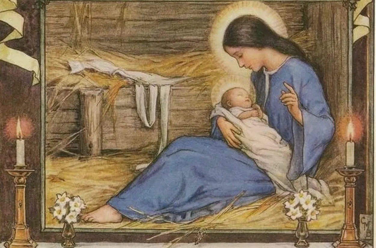 Painting of a mother holding her newborn by candlelight