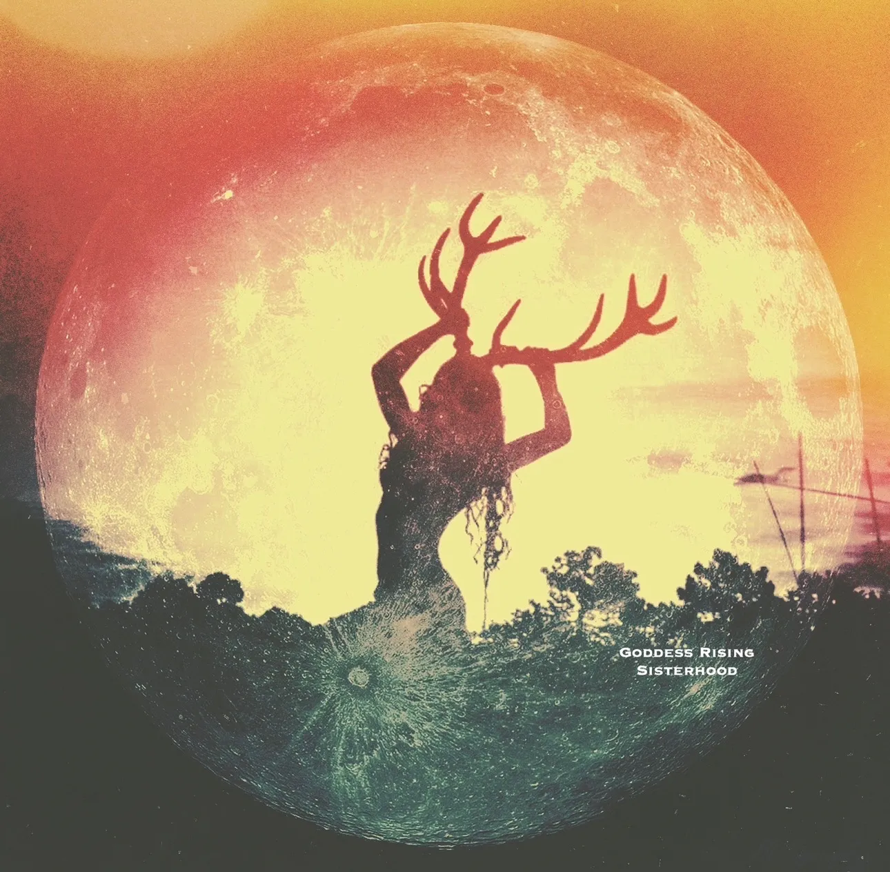 Antlered woman before a full moon
