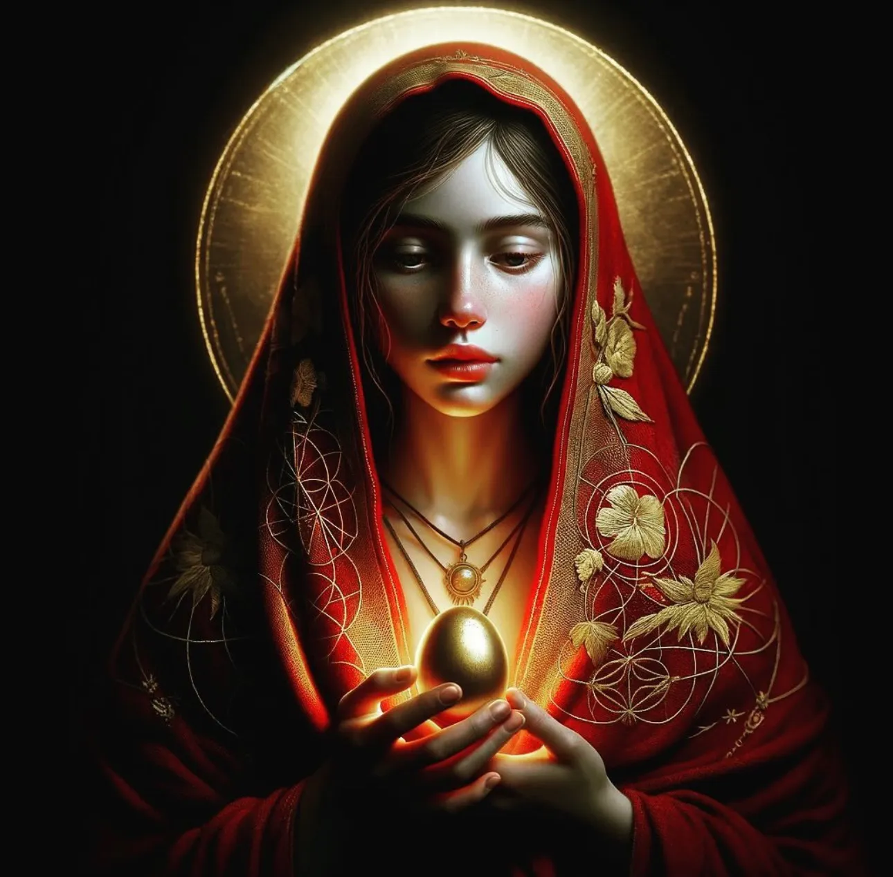Woman in a red veil holding a glowing golden egg